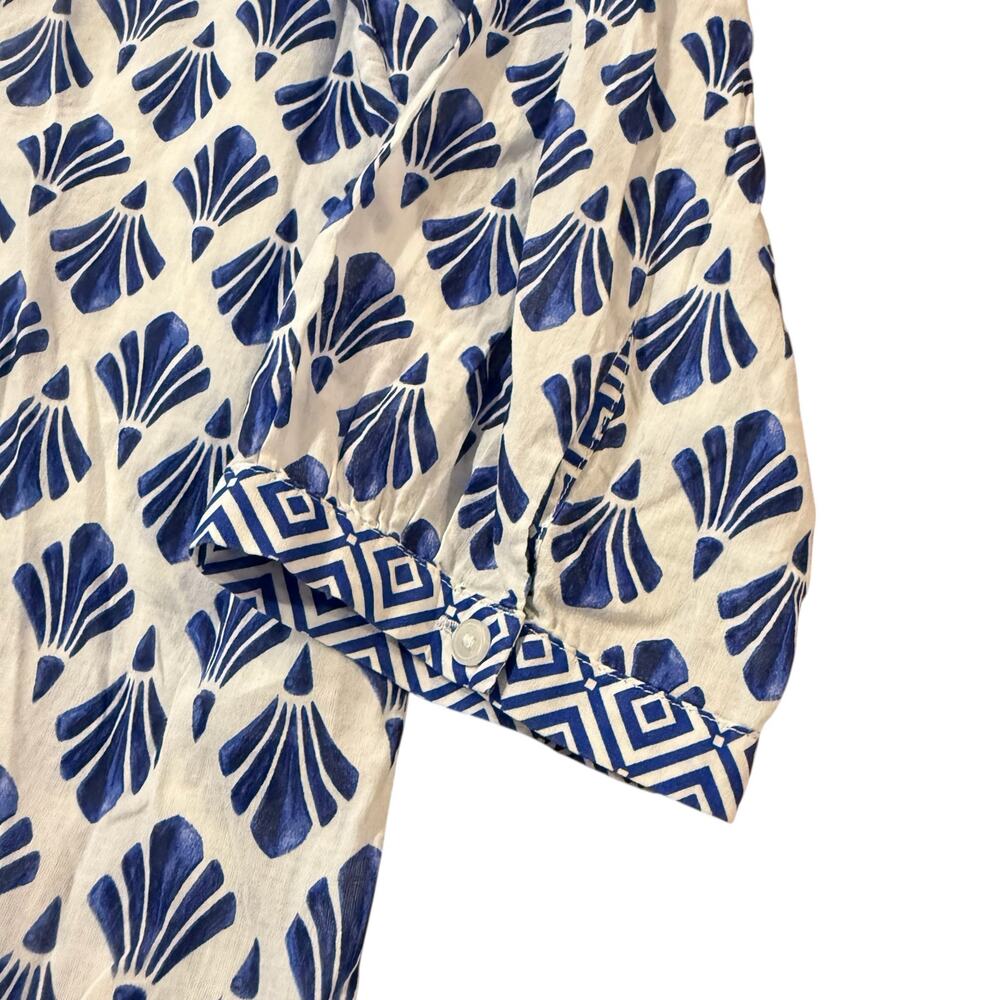 Talbots Coastal White and Blue Printed Split-Neck Blouse - Picture 4 of 8
